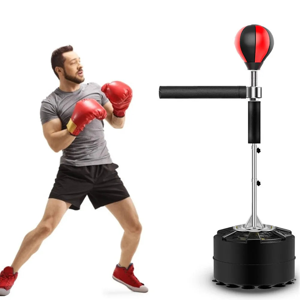 Black small boxing ball reaction trainer with 360° flexible reflex bar and 8 suction cup base on a tiled floor