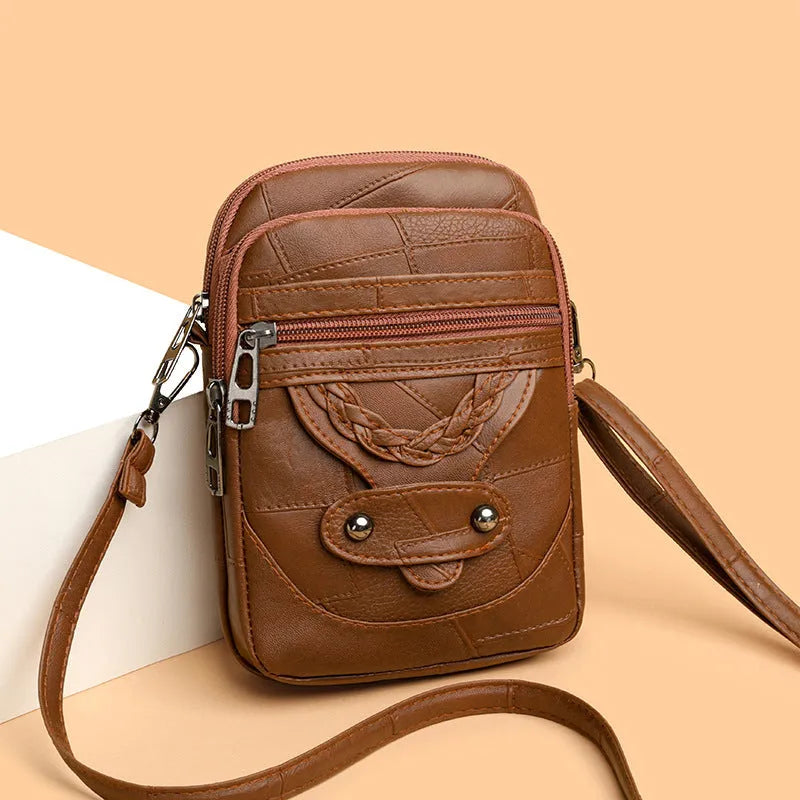 Soft PU leather retro mobile phone bag with square vertical design and weaving rivet details