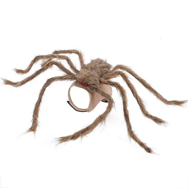 A grey spider costume for a dog or cat, showing the Halloween pet clothing.