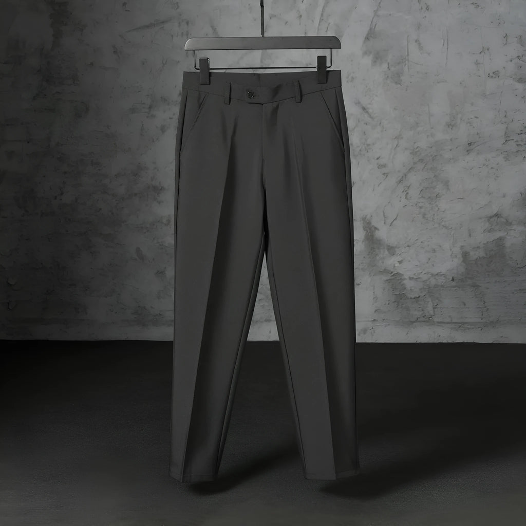 Men's straight leg suit trousers in polyester with brushed finish, light business style, nine colours, sizes 27 to 38.