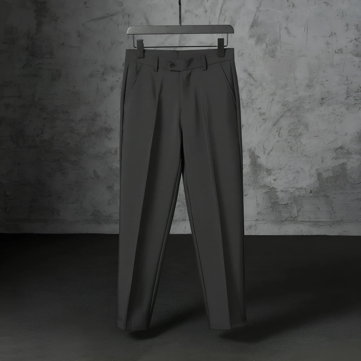 Men's straight leg suit trousers in polyester with brushed finish, light business style, nine colours, sizes 27 to 38.