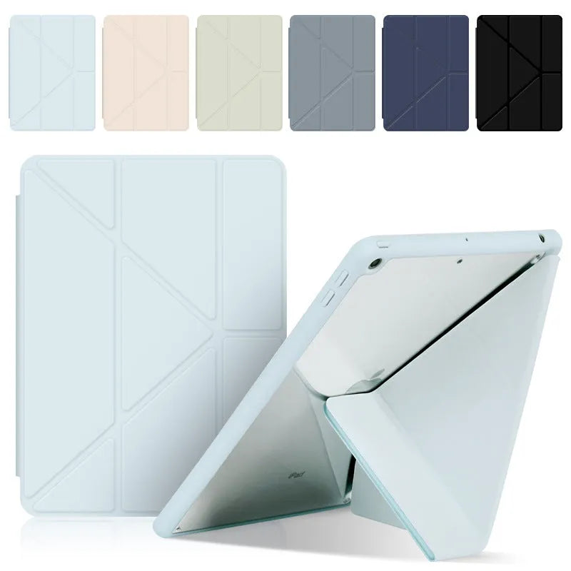 Acrylic Y-folding protective case for iPad with integrated pen slot, shown in dark grey.