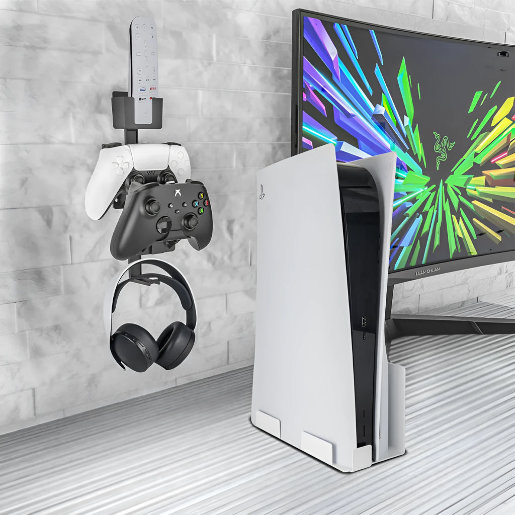 White ABS plastic wall hook holding a PlayStation controller and gaming headset.