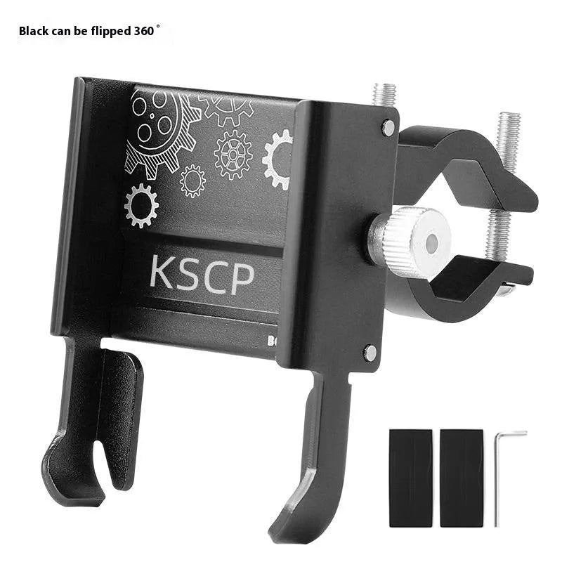 Aluminium alloy mobile phone holder mounted on bicycle handlebars showing black finish option