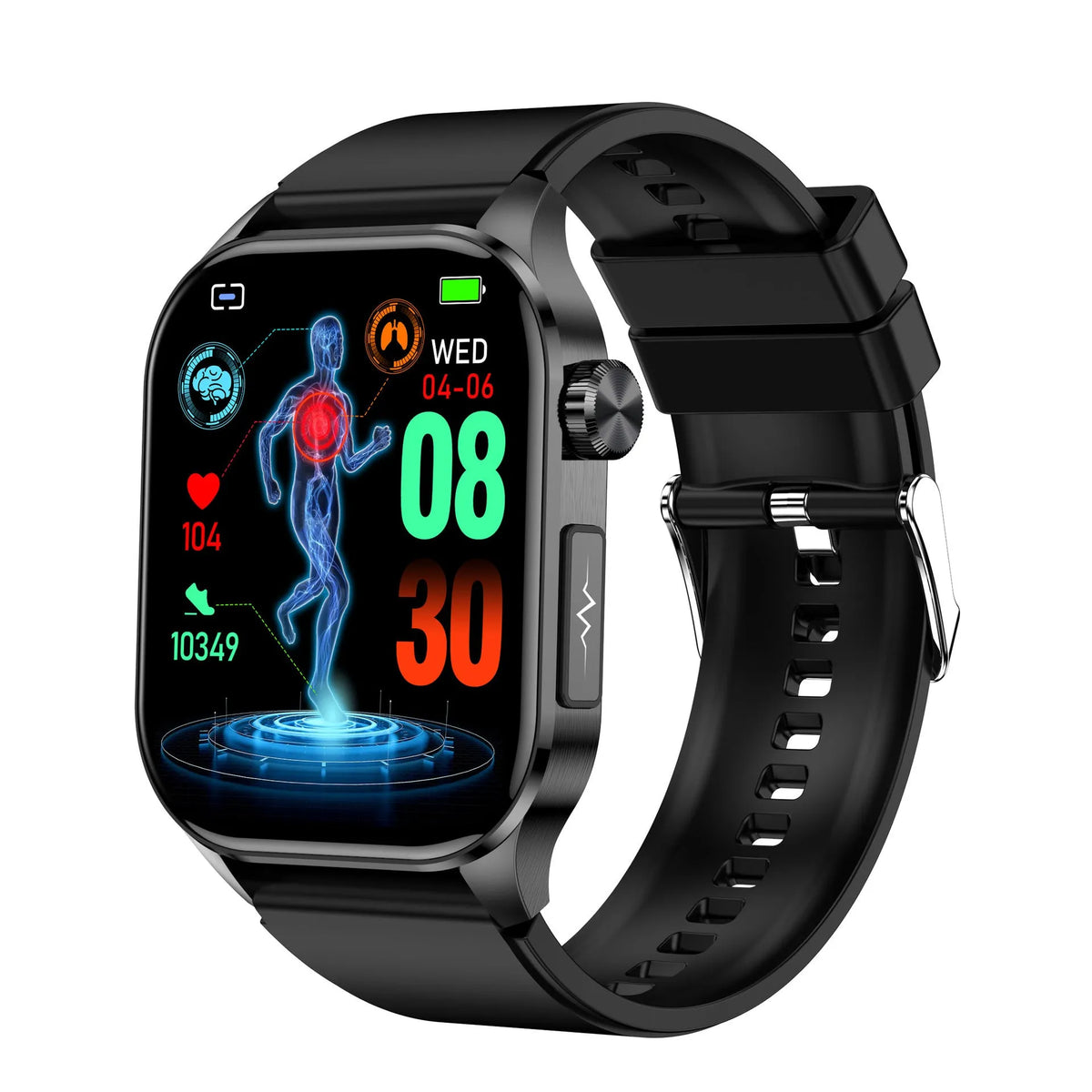 ET580 smart watch on a wrist displaying step count with black band, Bluetooth calling and health sensors highlighted