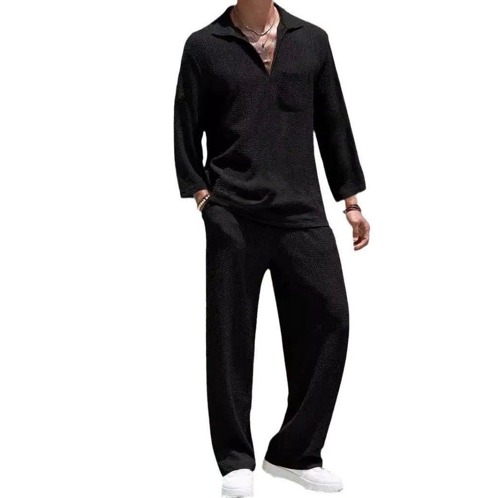 Men's casual shirt and trousers set in a choice of colours including lake blue and khaki.