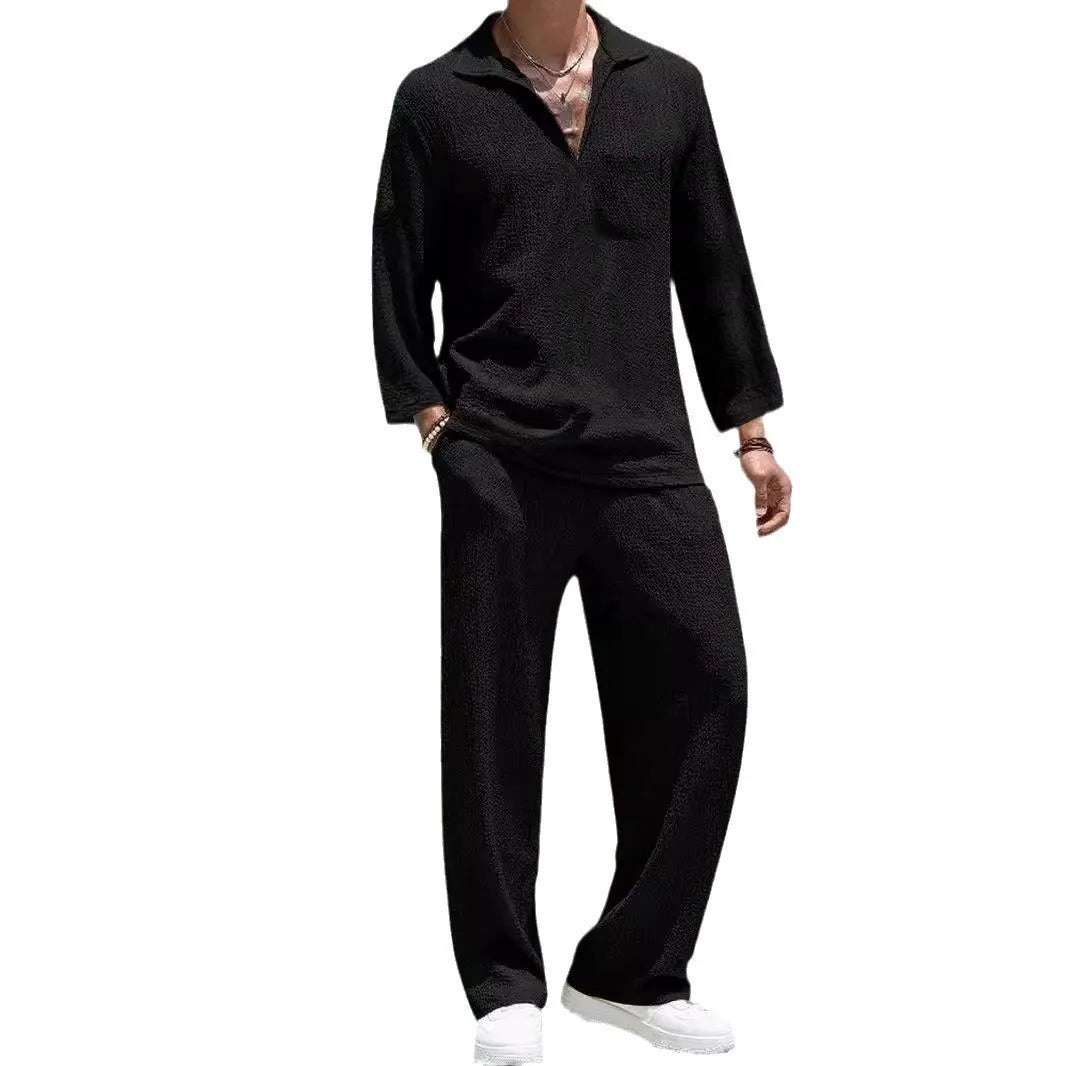 Men's casual shirt and trousers set in a choice of colours including lake blue and khaki.