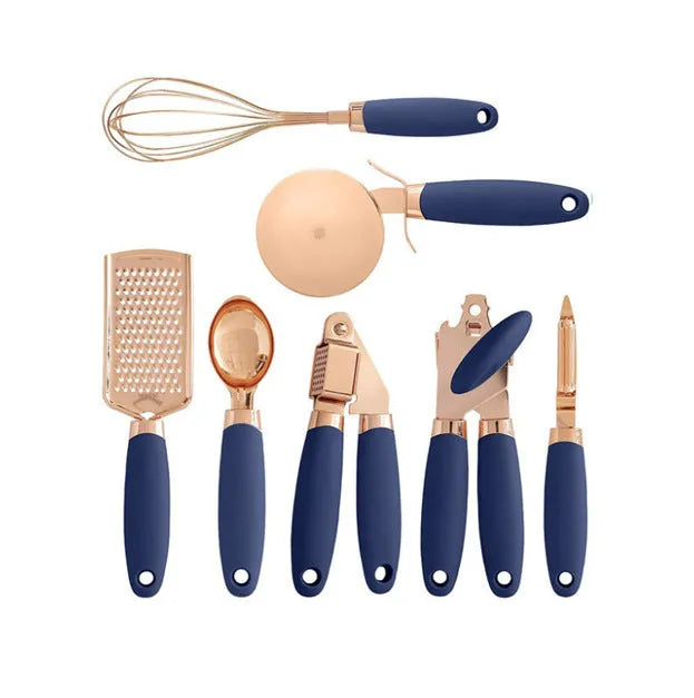 7-piece stainless steel kitchen utensil set with copper rose gold finish and cutlery rack in multiple colours