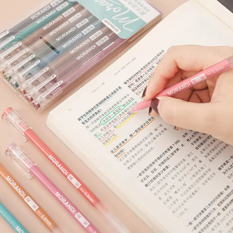 Set of nine retro-style coloured gel pens with 0.5mm needle tips on a white background.