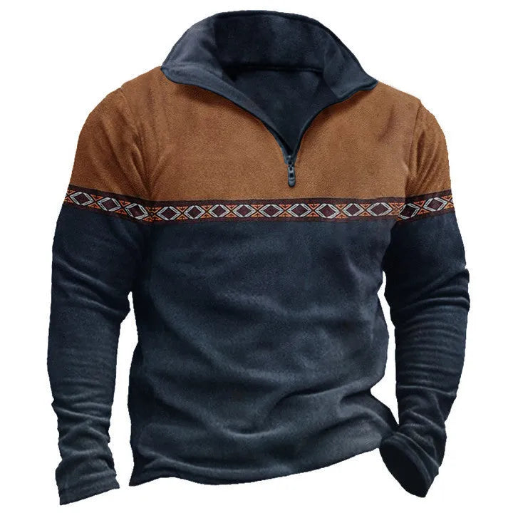 Retro patchwork polo shirt zipper sweater casual top with full zip front closure