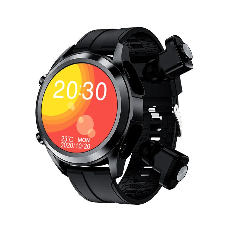 Men's black Bluetooth smart watch with silicone wristband showing heart rate monitor on screen