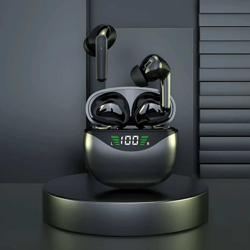 Black wireless Bluetooth headset earplug style with PC+ABS build