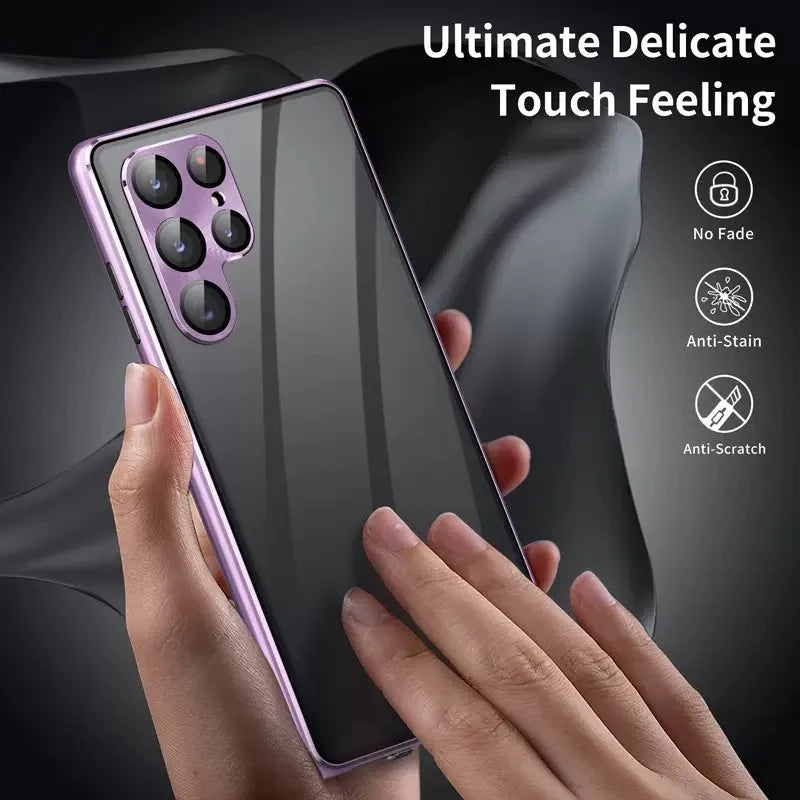 Samsung S24 Ultra phone case with a mirrored back and magnetic ring, shown in gold colour.