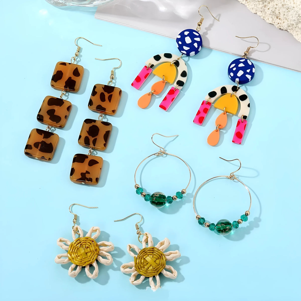 Women's electroplated plastic resin ear studs in leopard square, sunflower and colourful glaze bead designs
