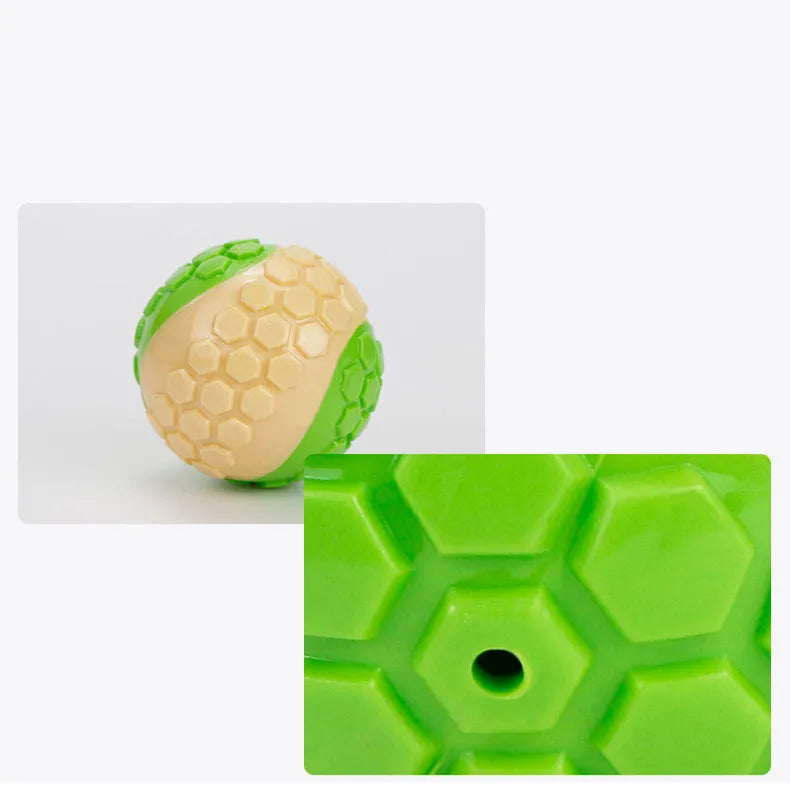 TPR plaid molar dog toy ball in blue, pink, green, and grey colours with textured surface