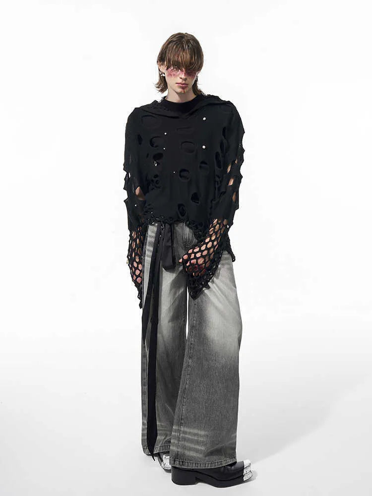 Black men's loose hoodie with pearl decorations on the hood, showing a hollow knit texture.