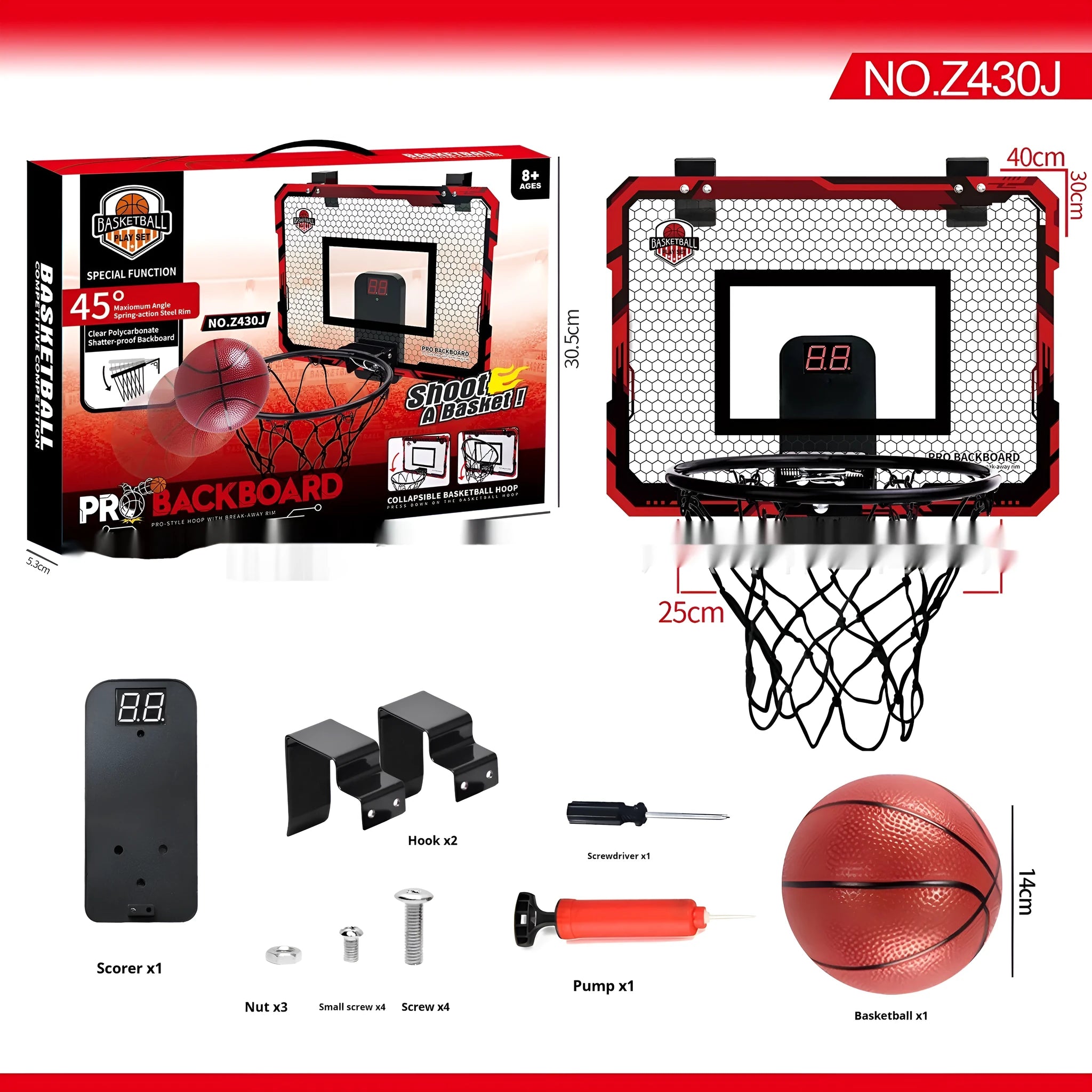 Red and blue foldable basketball frame toy with suction cups and hook shown in dunk scoring and folded ball rack positions.