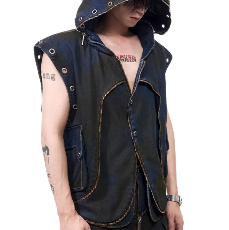 Blue hooded denim vest coat and matching trousers set in heavy industry style