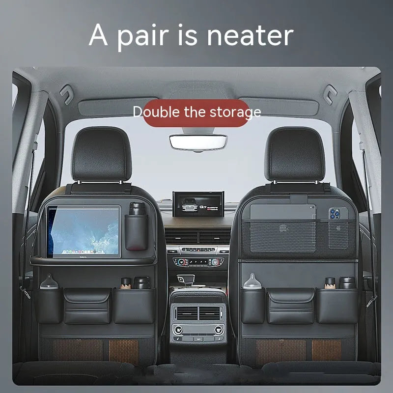 Waterproof leather car seat storage bag with foldable dining table in obsidian black colour