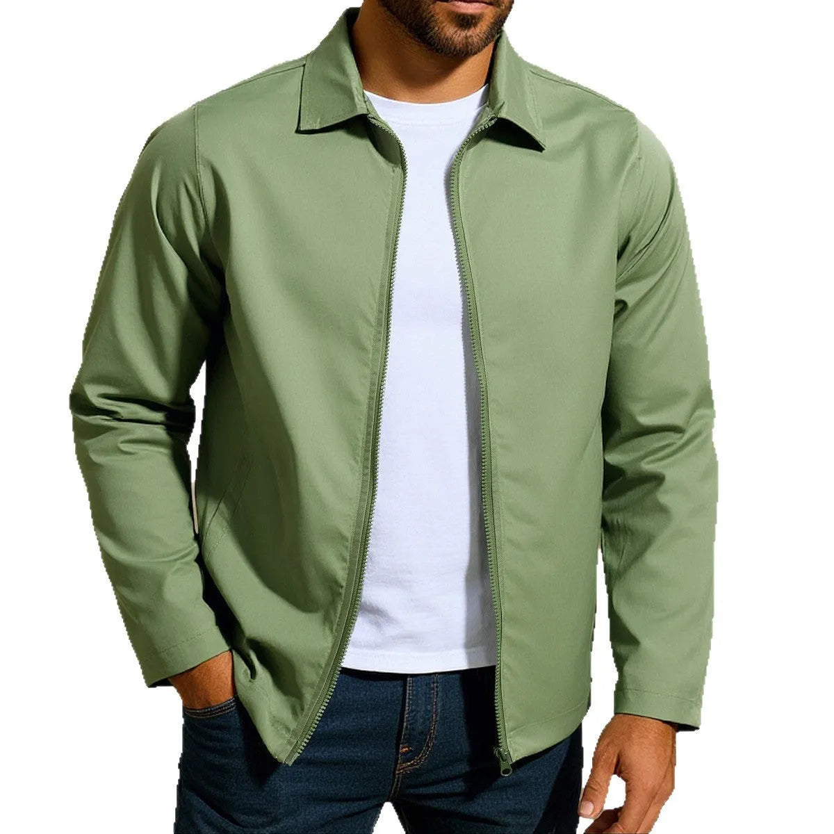 Men's emerald green zip-up cardigan jacket with raglan sleeves on a hanger.
