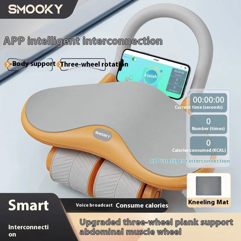Black and orange three-wheel abdominal exercise roller with automatic rebound mechanism and a grey kneepad.