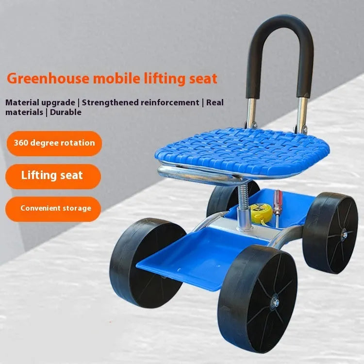 Folding garden mobile seat on wheels with galvanized pipe frame, shown in outdoor setting