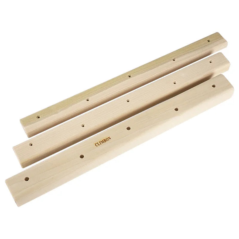 Set of three solid wooden hangboards for grip strength training, showing different lengths and edge widths.