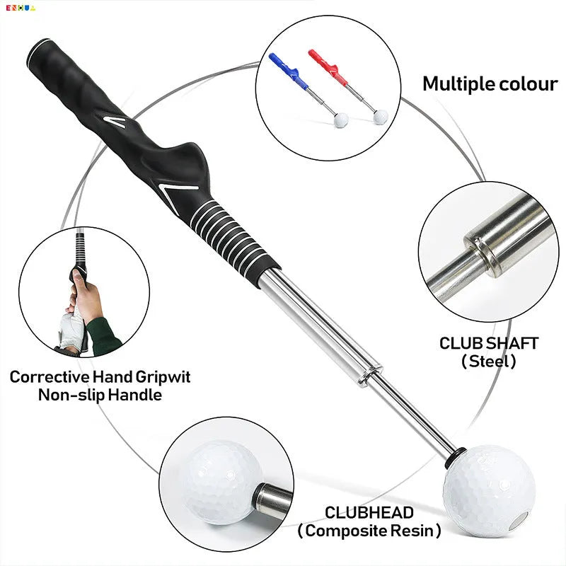 Telescopic stainless steel golf swing trainer in black, blue, and red colour options.
