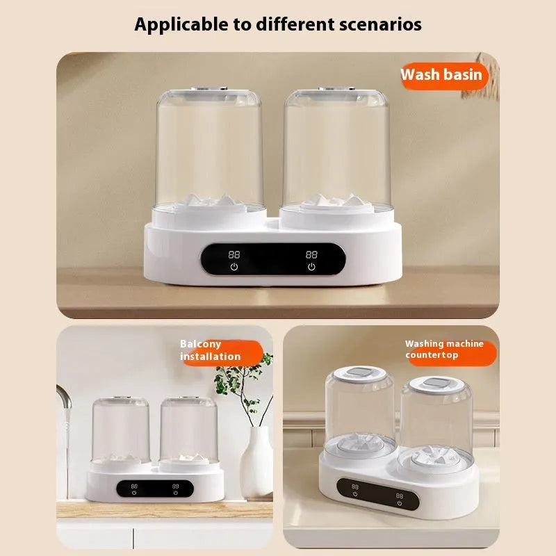 White double bucket USB mini washing machine with two compartments and a mechanical timer on a white background.