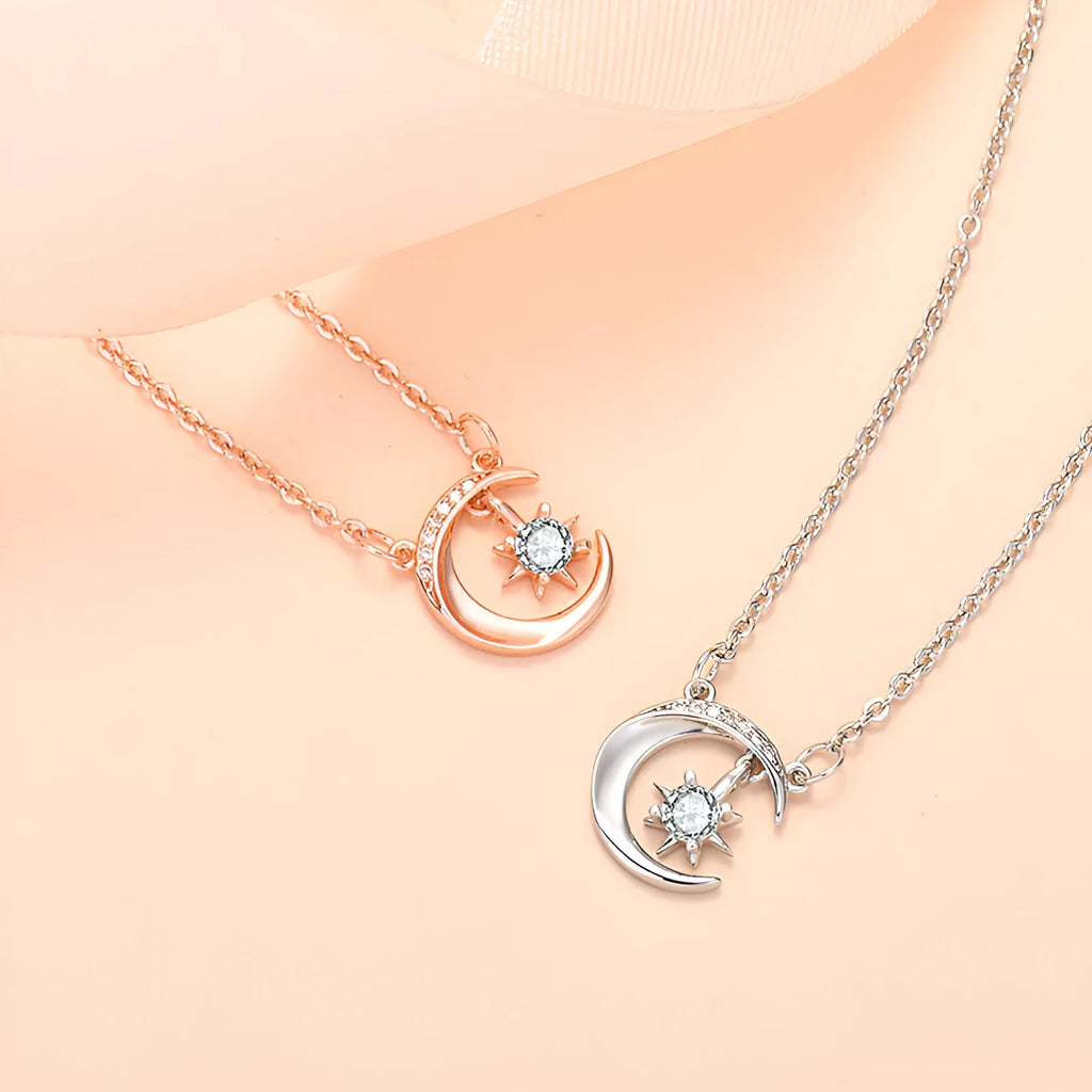 Star moon copper pendant necklace with mixed gem inlay and adjustable O-shaped chain