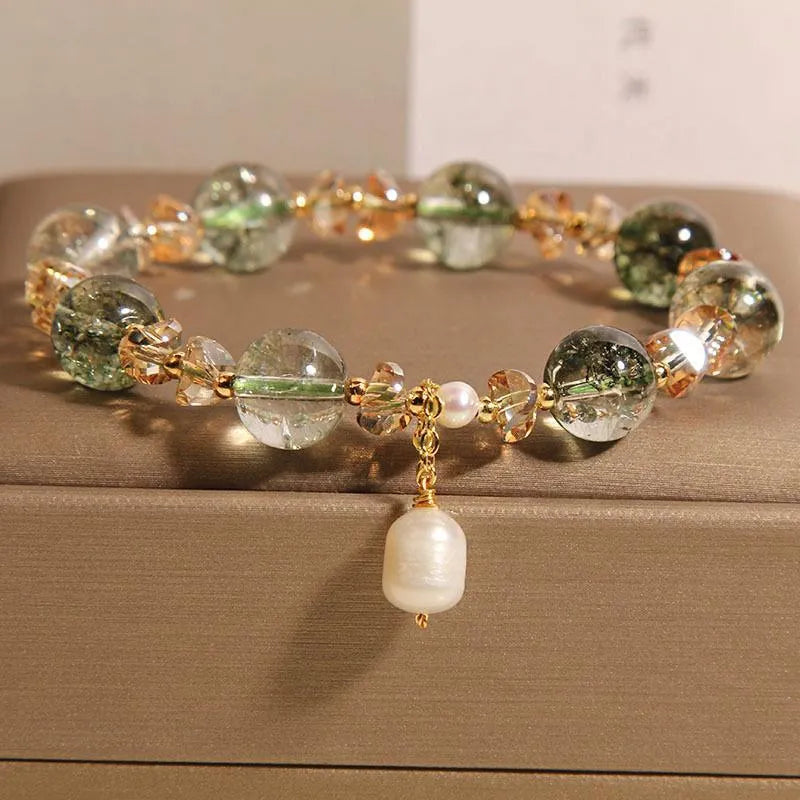 Green phantom quartz crystal bracelet with champagne small gravel crystals in Japanese Korean style