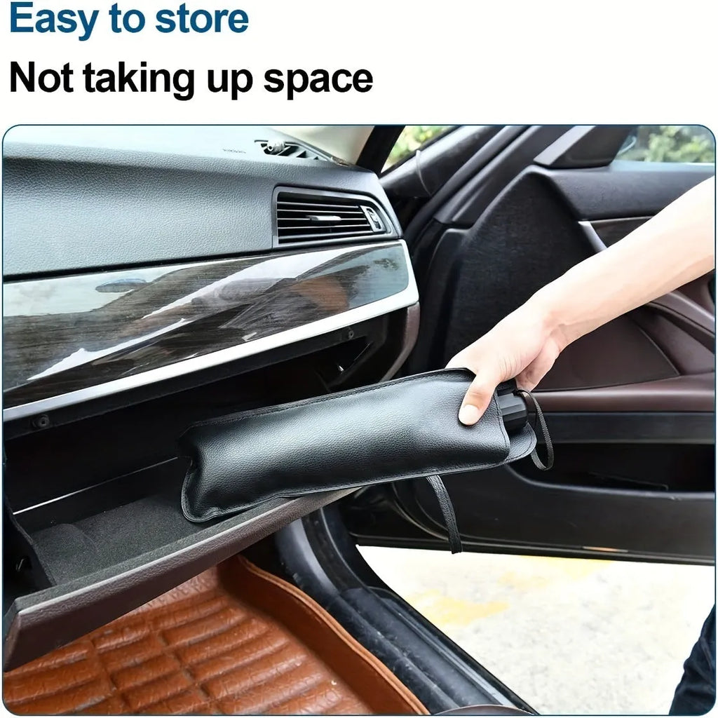 Foldable car windshield sunshade umbrella showing automatic rebound button and composite peptide material