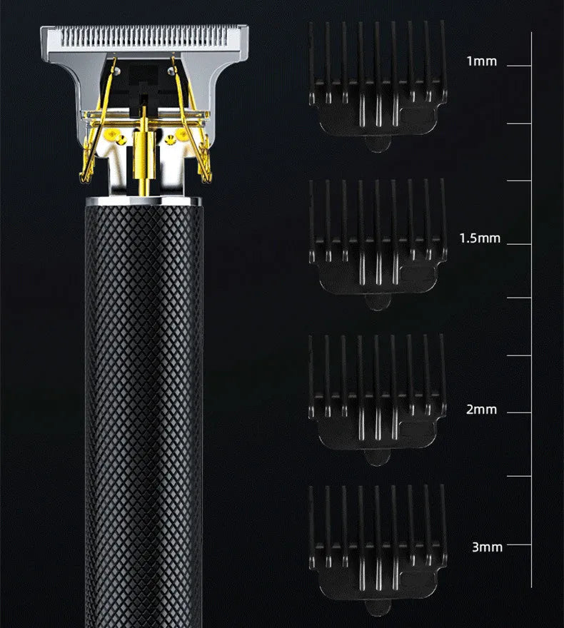 Black USB rechargeable electric hair clipper with four comb attachments and cleaning brush