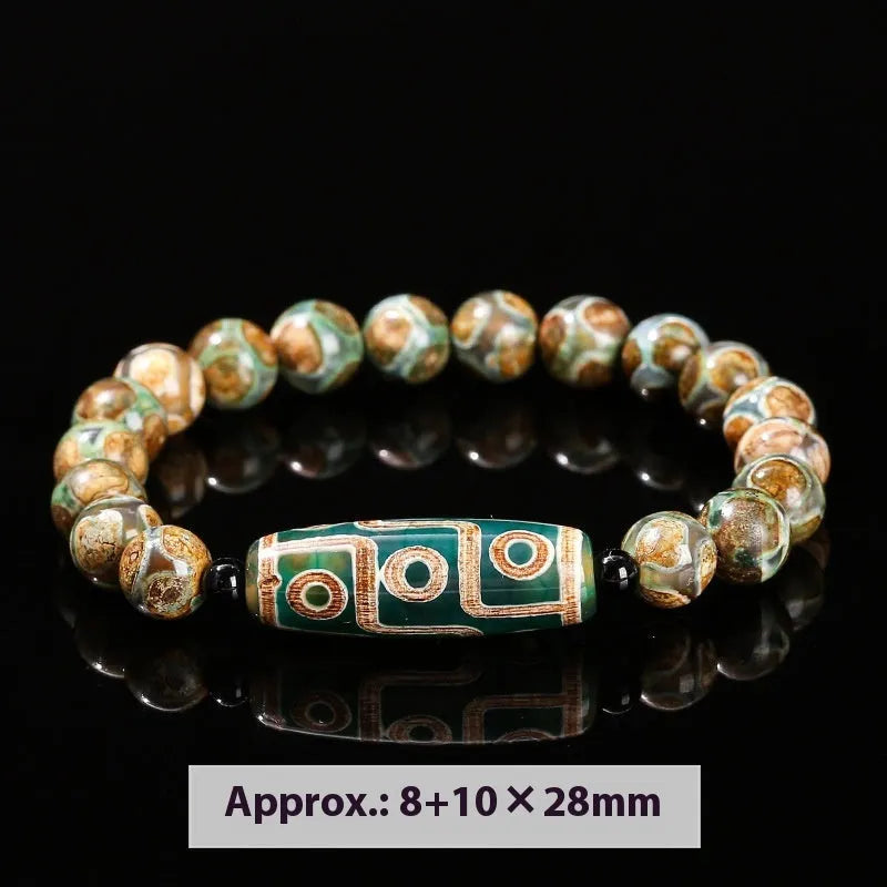 Handmade barrel shaped Dzi bead bracelet in green with geometry design