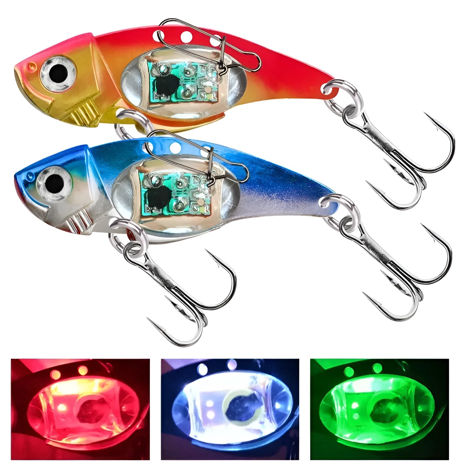 Luminous Metal Vib electronic fishing lure shown in blue body and red body colour options