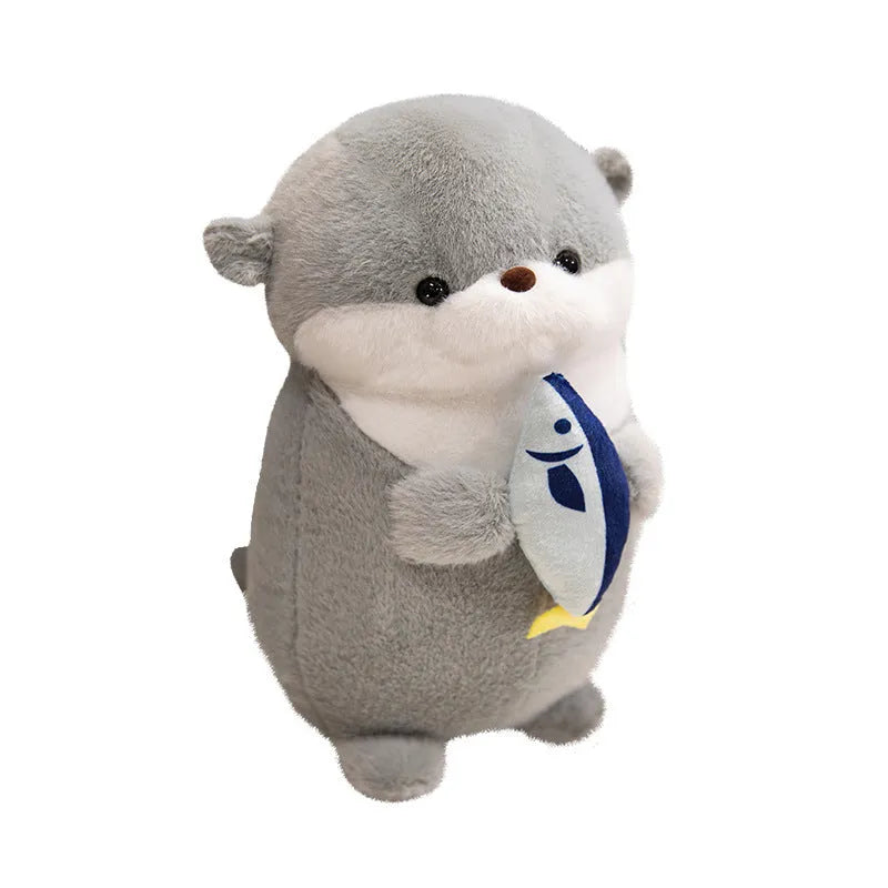 Brown small otter plush doll holding a fish, 30cm height, short plush fabric
