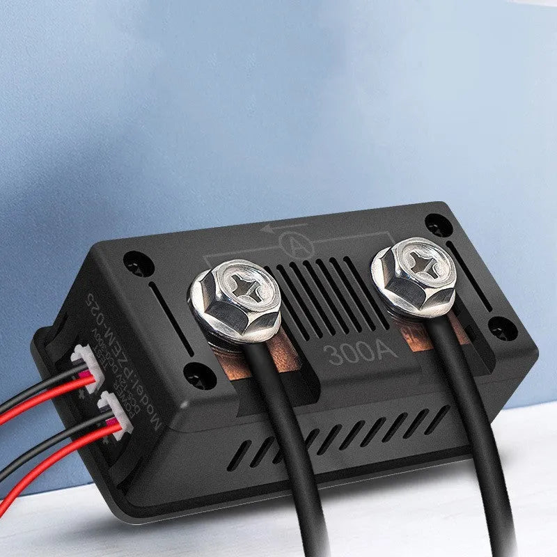 DC digital display voltmeter and ammeter panel meter with compact dimensions, showing host unit and wiring.