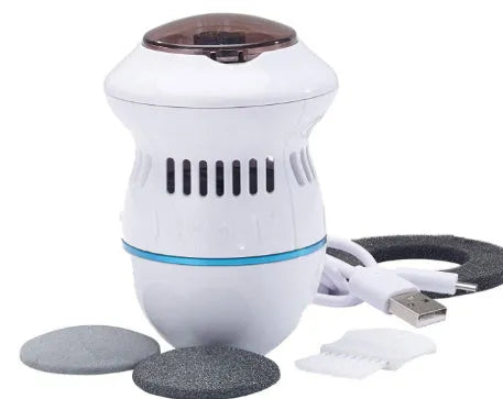 Beige electric foot file grinder with diamond grinding heads and USB charging cable