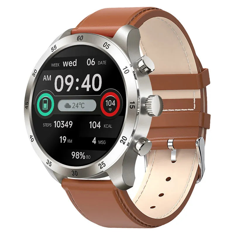 Black Bluetooth smart watch with stainless steel strap on a wrist, displaying time and heart rate.