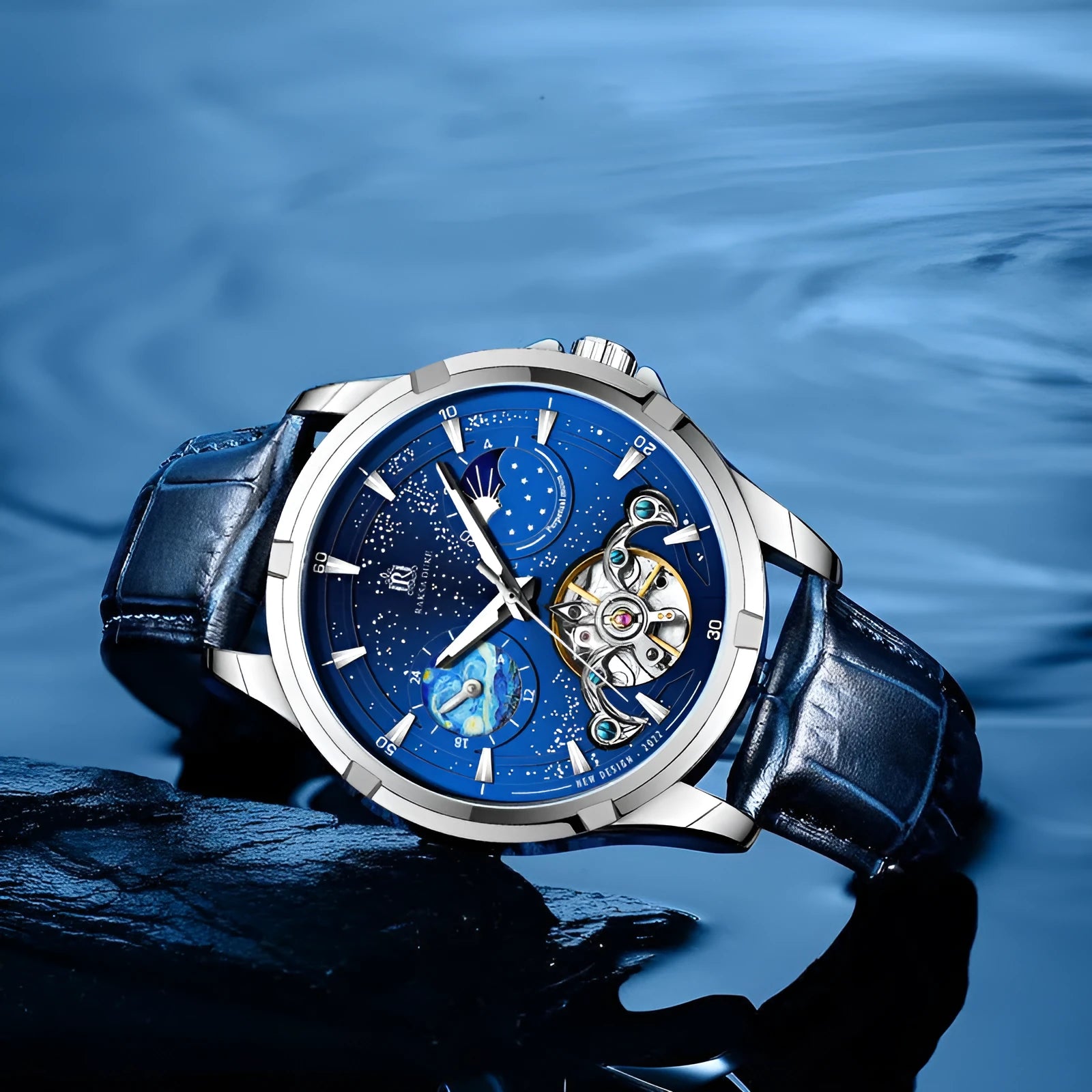 Men's blue dial automatic mechanical watch with day-date window and stainless steel case.