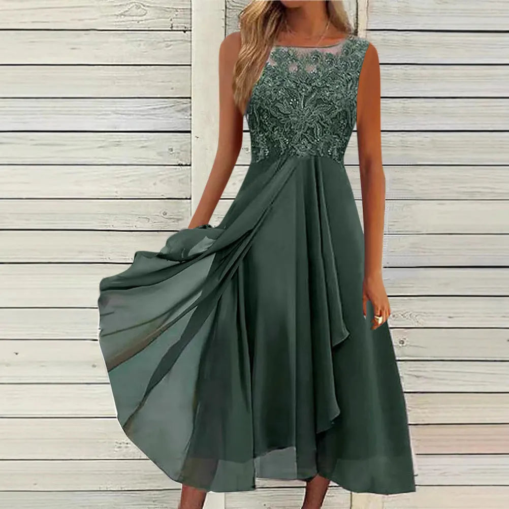 Women's sleeveless green chiffon dress with hollow-out lace detail, mid-length skirt.