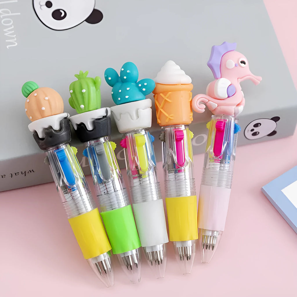 Cartoon Cute Object four-colour press ballpoint pen with random design showing 0.7mm tip.