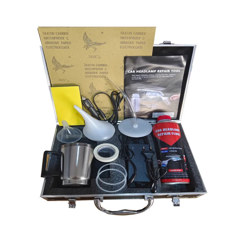 Headlight restoration kit with aluminium alloy tool and black tip, 600ml capacity