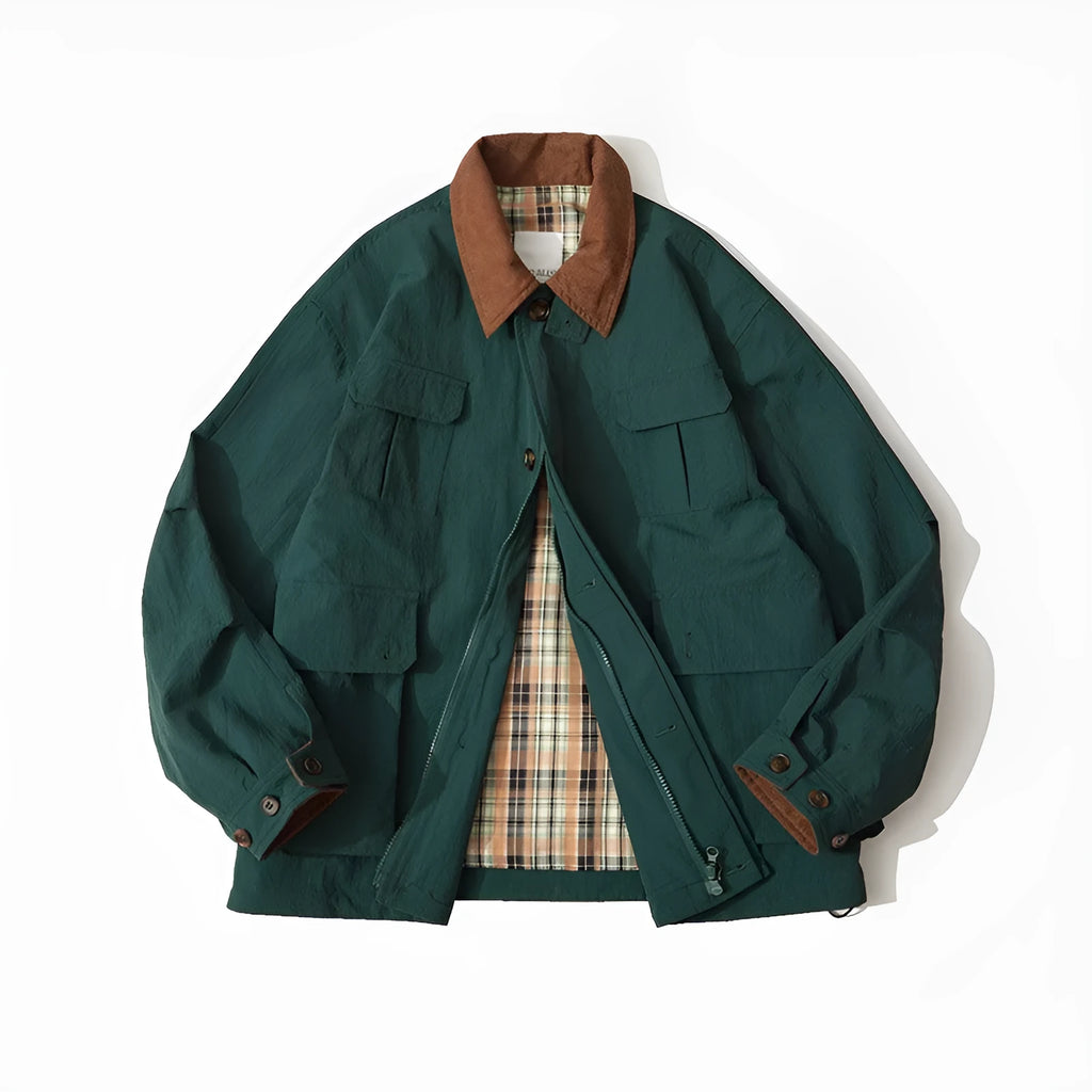 Green casual jacket with long sleeves and side seam pockets on a hanger