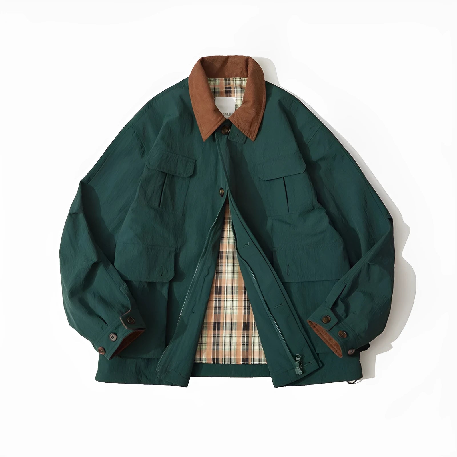 Green casual jacket with long sleeves and side seam pockets on a hanger