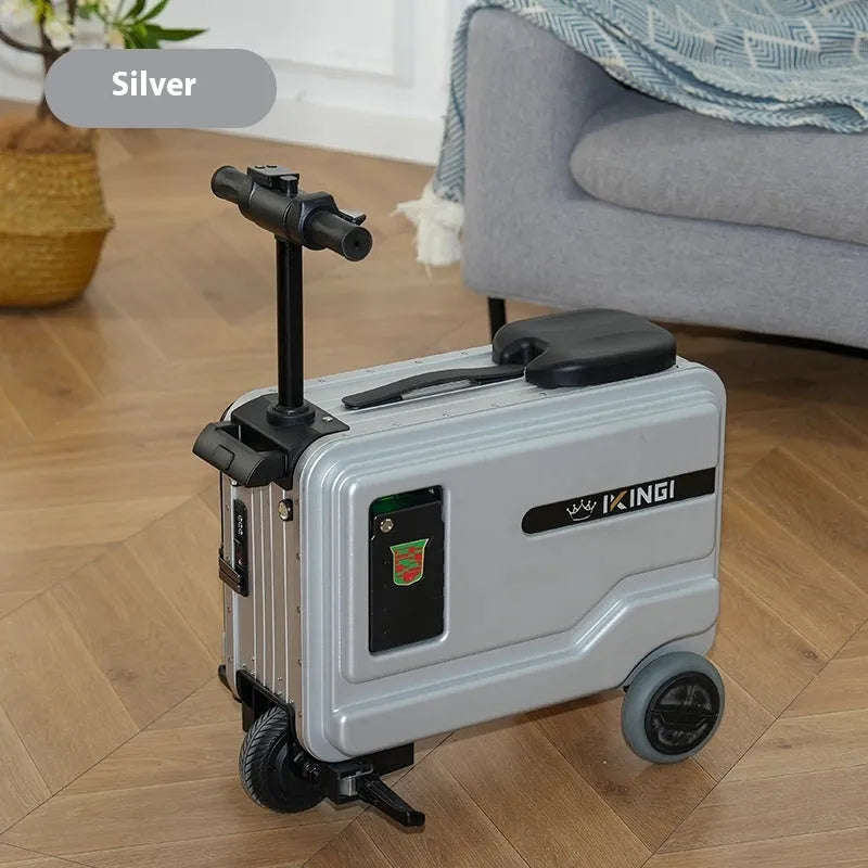 Multifunctional smart boarding bag riding suitcase in advanced silver with aluminium magnesium frame and single-directional wheels