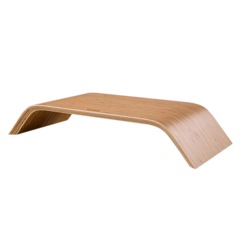 Walnut laptop stability bracket stand in bamboo leather colour on a desk