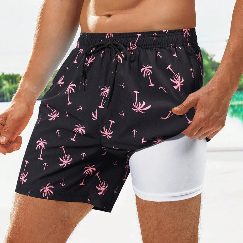 Men's loose green boxer-style swimming trunks made from elastic spandex fabric.