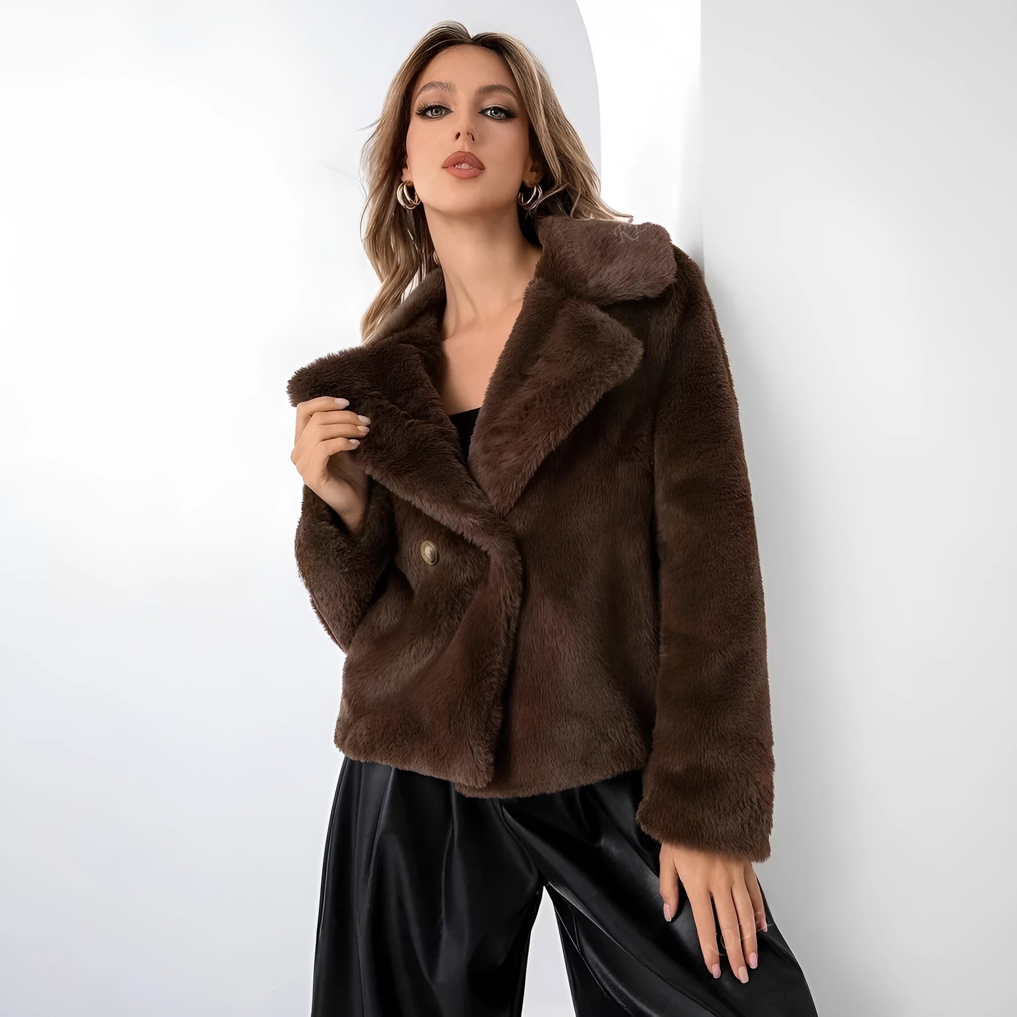 A women's loose short coat made of rose red artificial fur, featuring regular sleeves and a sweet style.