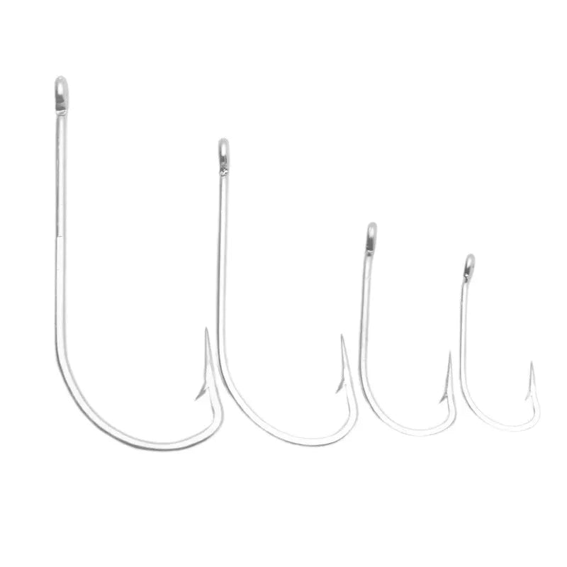 Pack of stainless steel alloy sea fishing hooks for ocean boat fishing, showing multiple hook styles.